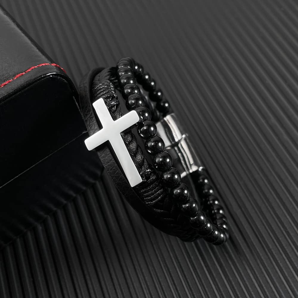 Rockyu ブレスレット メンズ クロスモチーフ 3連風 ブラックレザー＆数珠 シルバー/ブラック