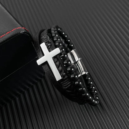 Rockyu ブレスレット メンズ クロスモチーフ 3連風 ブラックレザー＆数珠 シルバー/ブラック