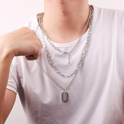 Rockyu レディース三連ネックレス クロスチャームとプレート付きチェーンペンダント