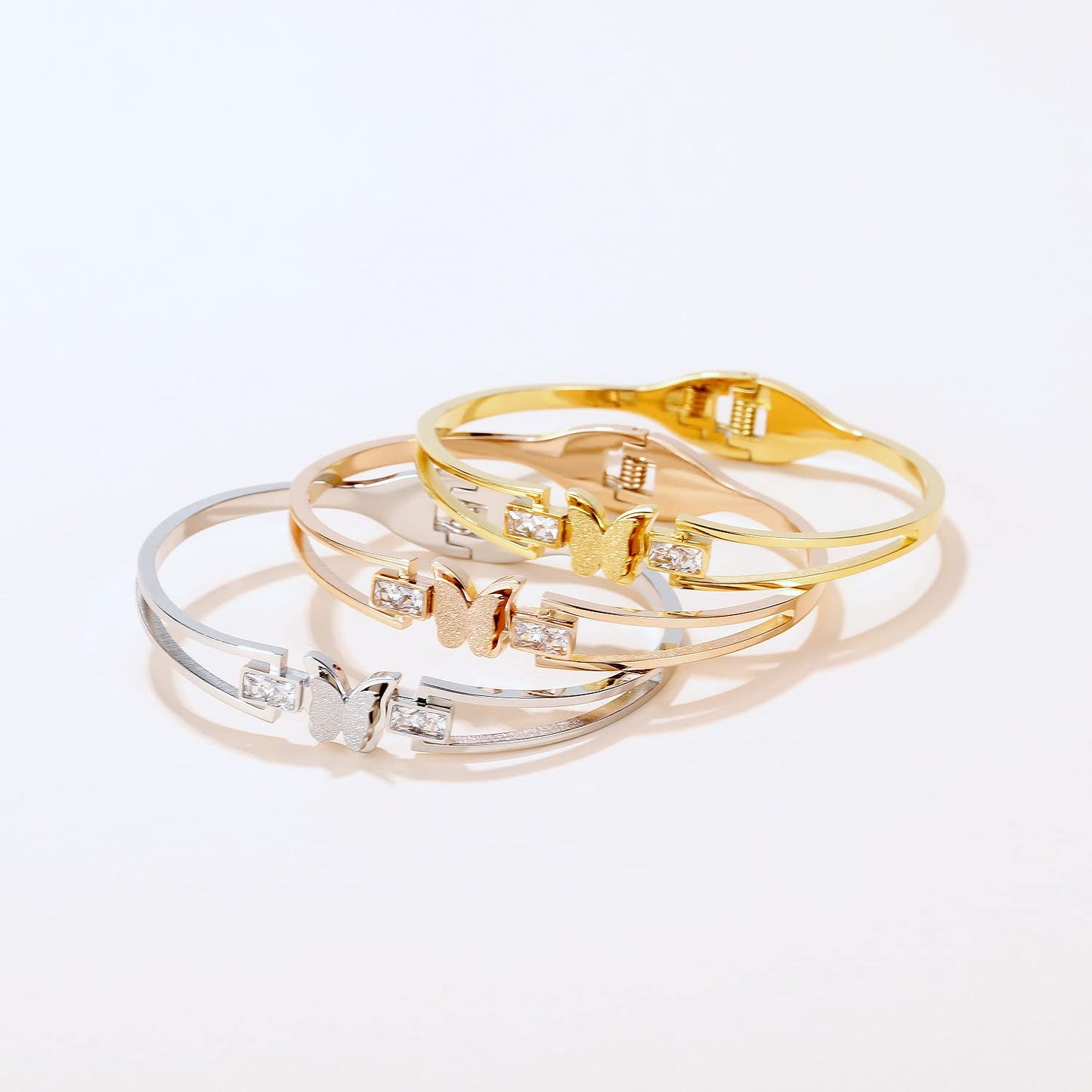 Rockyu レディース ブレスレット バタフライ バングル ピンクゴールド ジルコニア 金属アレルギー対応