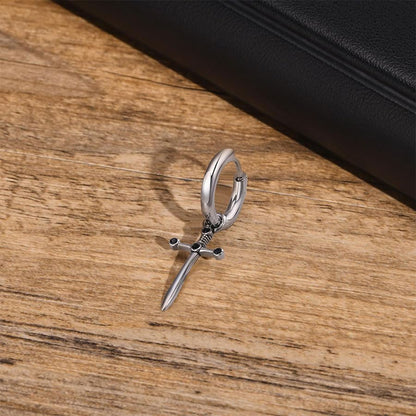 Rockyu ピアス メンズ ステンレス フープ クロス＆モチーフ シルバー ブラックジルコニア ヴィンテージ風