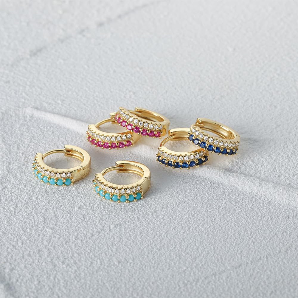 Rockyu レディース フープピアス シルバー925 ジルコニア 二連 ゴールドカラー レッド／ブルー／ターコイズ