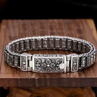 Rockyu 六字真言ローラーブレスレット メンズ シルバー