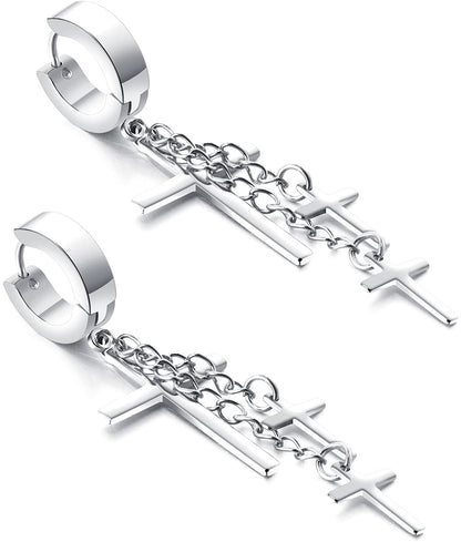 ダブルクロスピアス｜ステンレス製フープチェーンピアス｜ユニセックス・ヒップホップ風