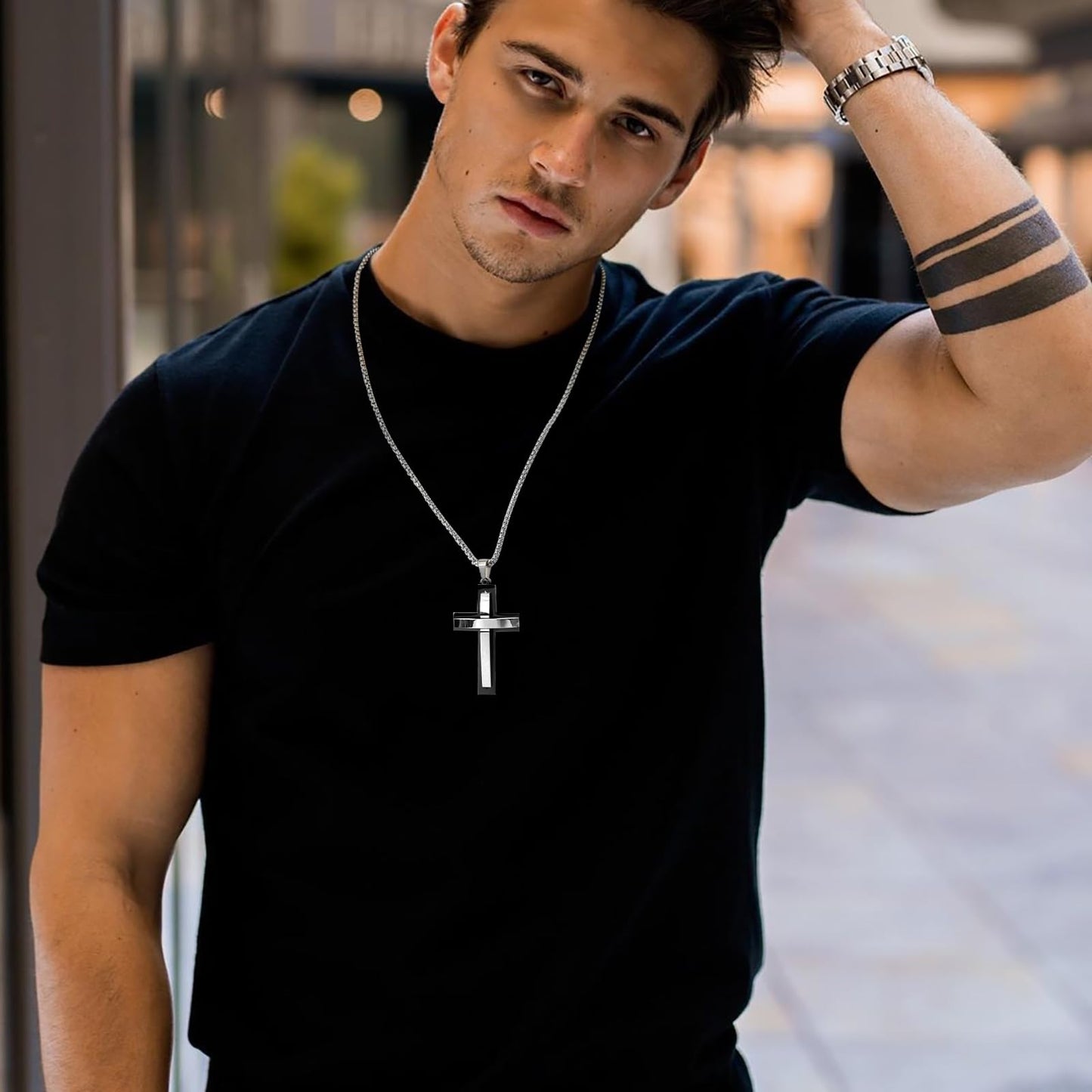 Rockyu ステンレス 二重構造クロス メンズネックレス ブラックIPメッキ