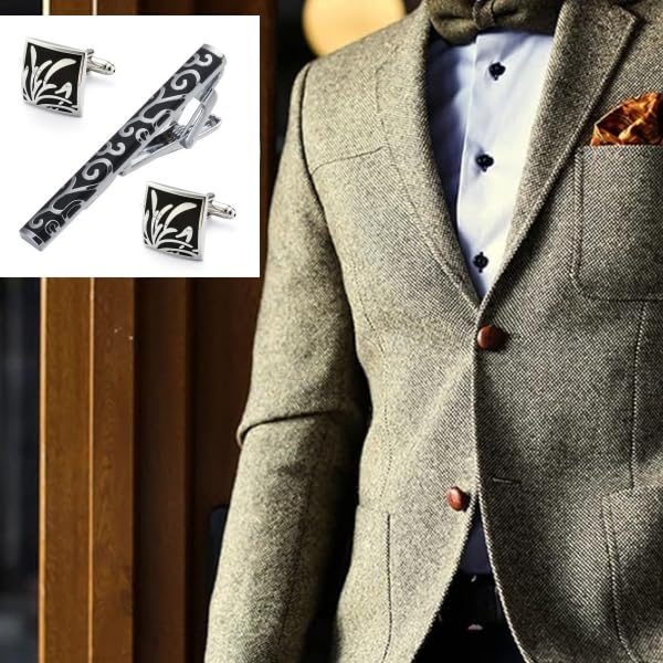 Rockyu ネクタイピン＆カフスボタン セット メンズ シルバー 唐草模様 ビジネス・結婚式用 ギフト
