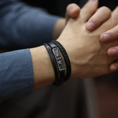 Rockyu メンズ ブレスレット スカル レザー ブラック 3連デザイン 翼モチーフ おしゃれ アクセサリー