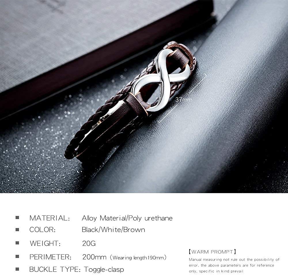 Rockyu メンズレザー ブレスレット 無限大モチーフ ステンレス留め具 本革編み込みデザイン カジュアルアクセサリー