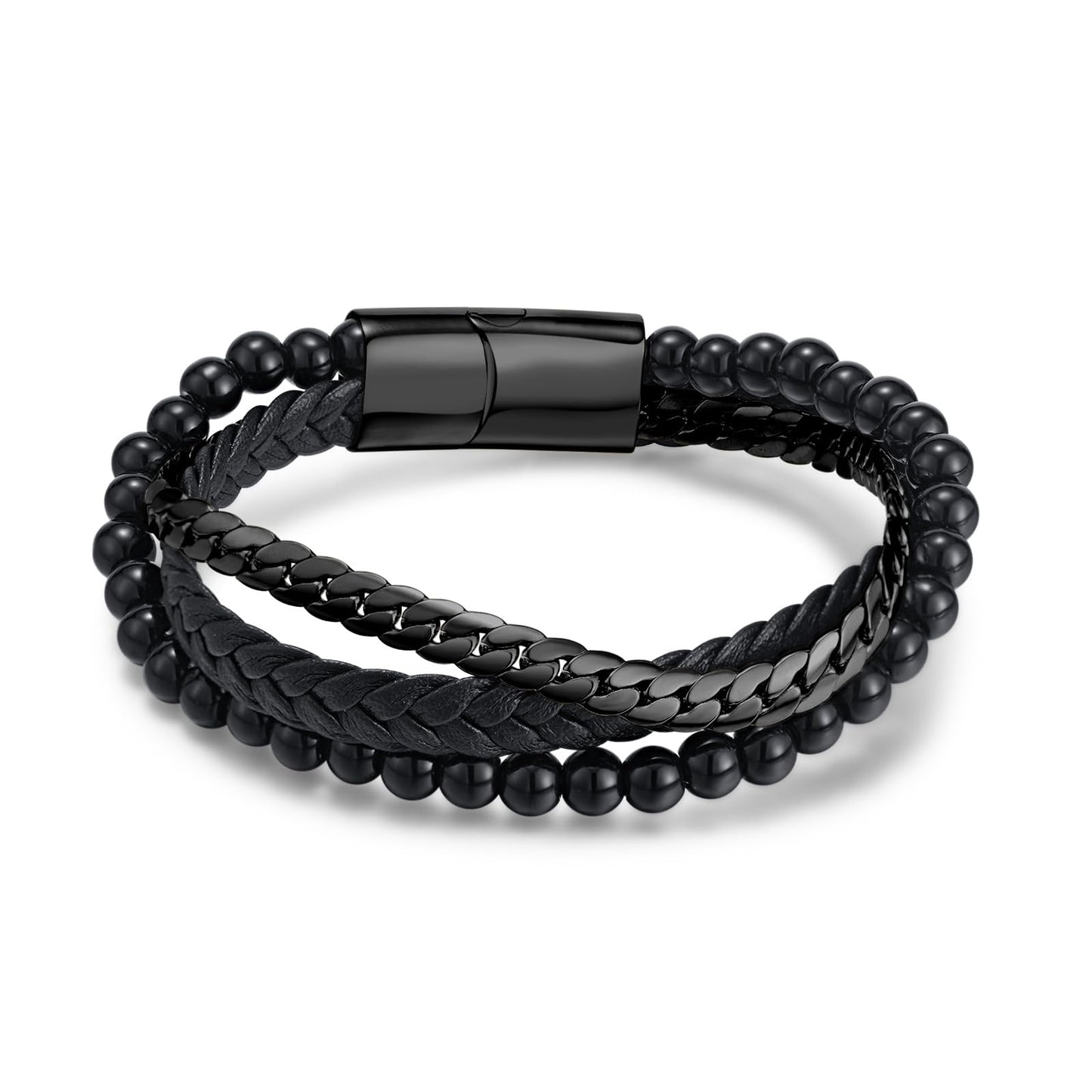 Rockyu メンズ 3連ブレスレット 喜平チェーン×ビーズ×編み込みレザー ゴールド×ブラック ステンレス 金属アレルギー対応