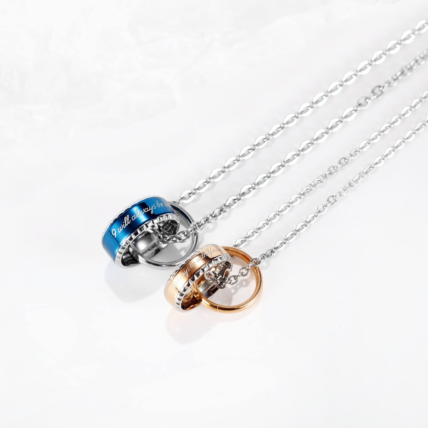 Rockyu ネックレス ペア ブルーシルバー＆ローズゴールド ダブルリングペンダント ステンレス製 記念日や誕生日ギフトに