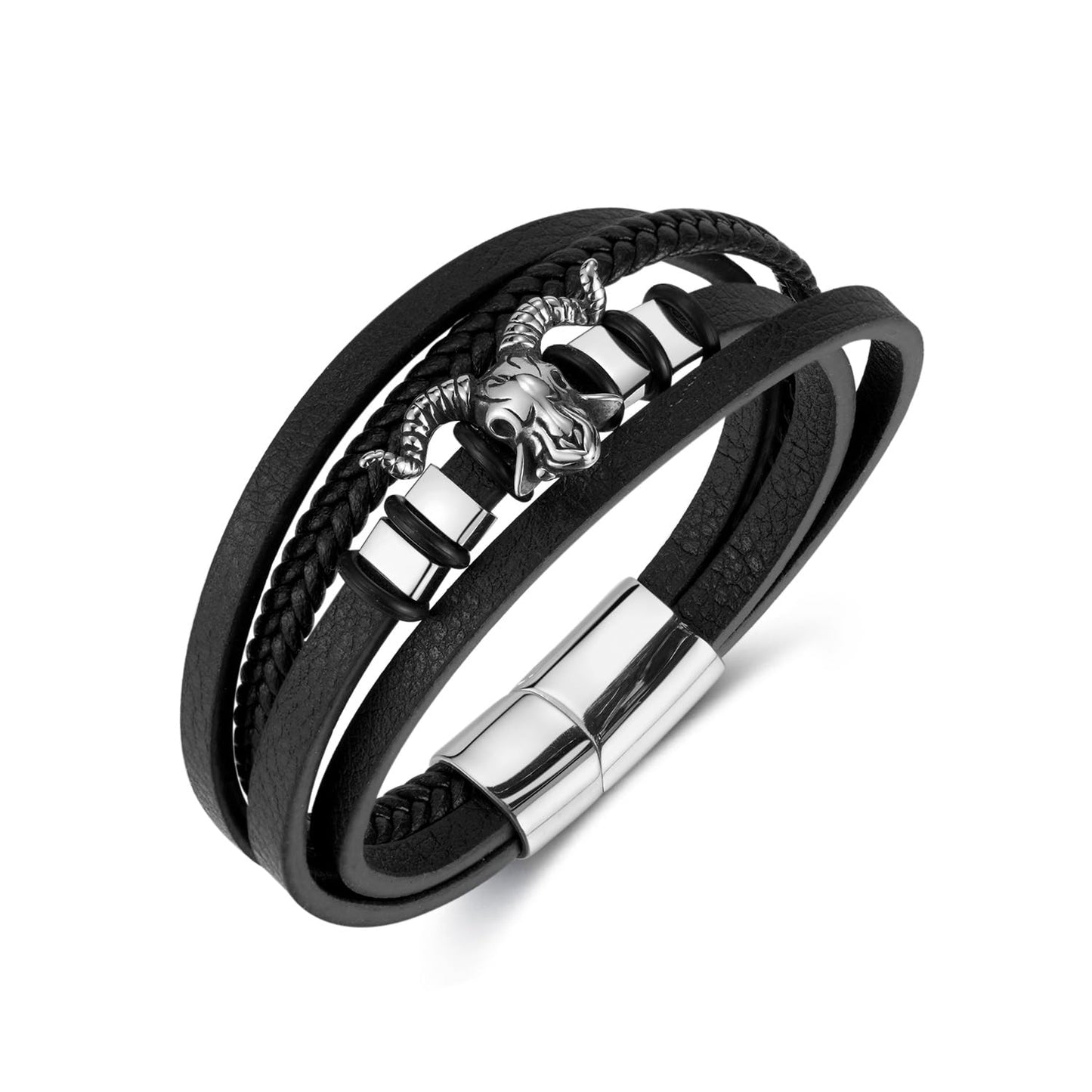 Rockyu メンズ レザーブレスレット 羊頭モチーフ PU革 多層デザイン ブラック