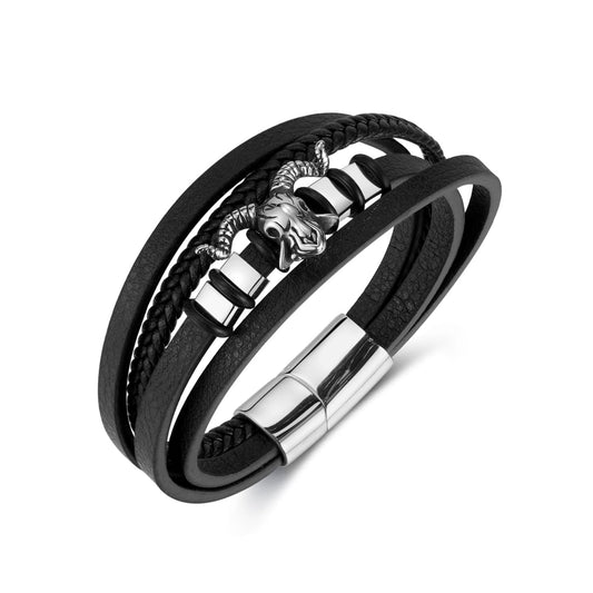 Rockyu メンズ レザーブレスレット 羊頭モチーフ PU革 多層デザイン ブラック