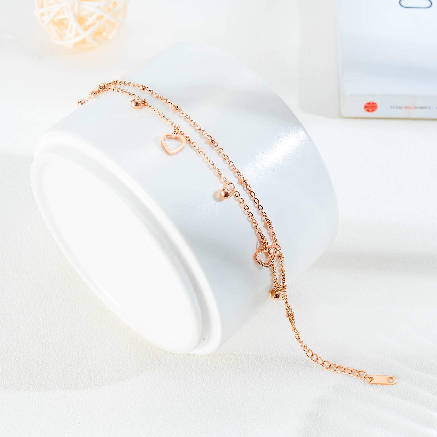 Rockyu アンクレット レディース ハート チャーム ピンクゴールド チタン製 18k メッキ おしゃれ 調節可