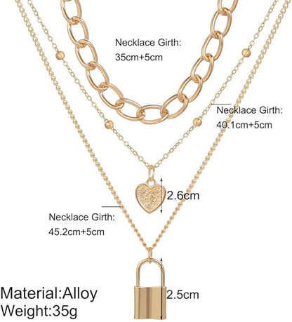 Rockyu 三連ネックレス ゴールド｜ハート＆南京錠チャーム付き・金属アレルギー対応