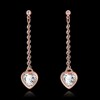 Rockyu レディース ローズゴールド ハートジルコニア チェーンピアス