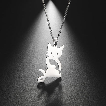 Rockyu 猫ネックレス レディース ステンレス製 シンプル 黒猫ペンダント 金属アレルギー対応