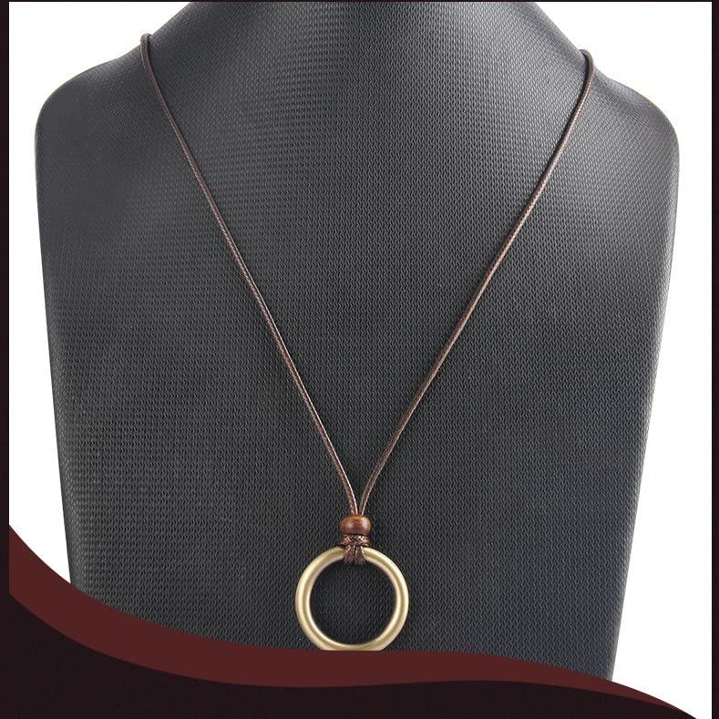 Rockyu リングペンダントネックレス｜レザー調紐＆真鍮風リング メンズロングタイプ