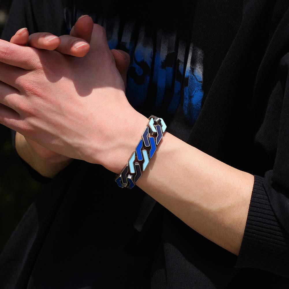 Rockyu チェーンブレスレット 幾何デザイン シルバーカラー 幅広メタルバングル 男女兼用