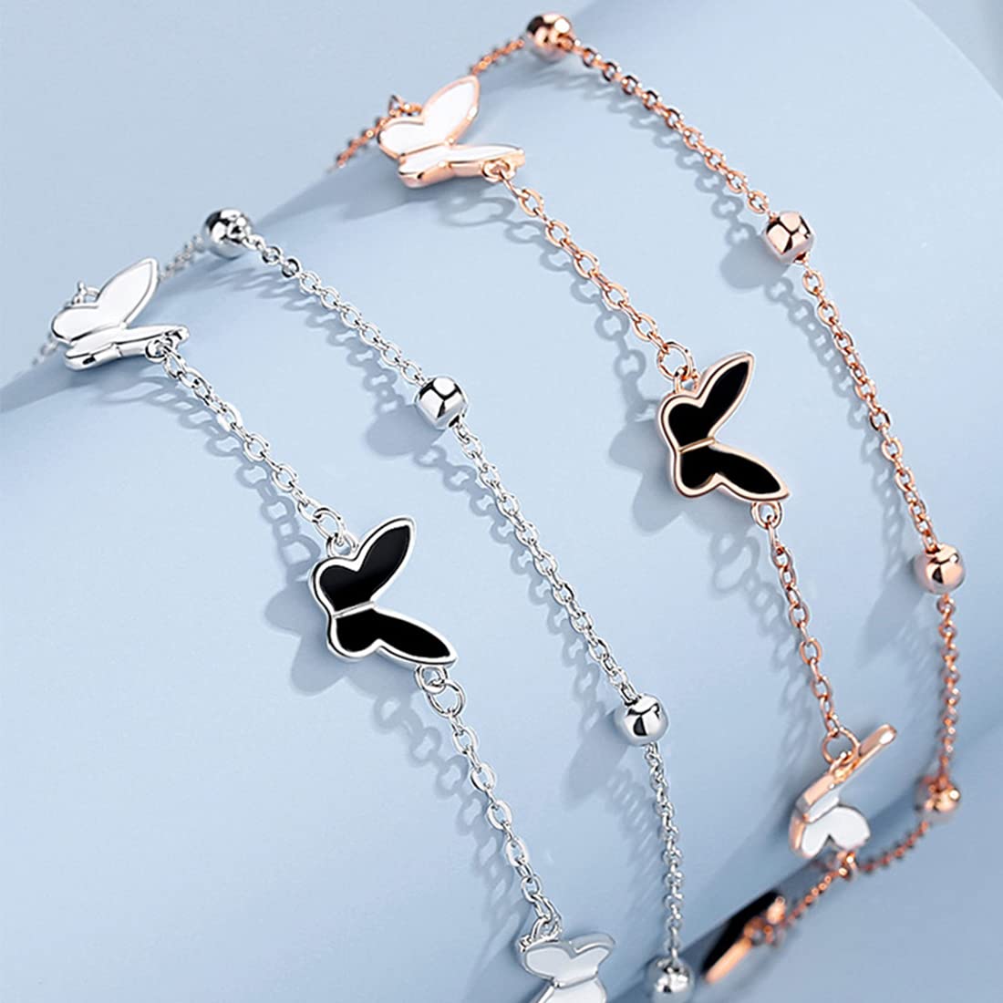 Rockyu ブレスレット レディース ピンクゴールド 18k エナメル 蝶々 バタフライブレスレット 二連チェーン 昆虫モチーフ誕生日 記念日 おしゃれ アクセサリー