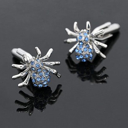Rockyu カフスボタン メンズ 蜘蛛デザイン シルバー×ブルー サファイア風クリスタル ステンレス製