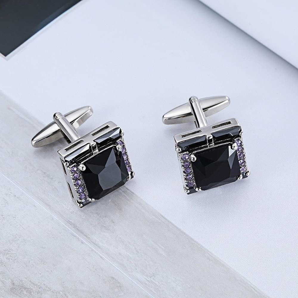Rockyu メンズカフス ブラックオニキス風ストーンと紫ジルコニアの正方形カフリンクス