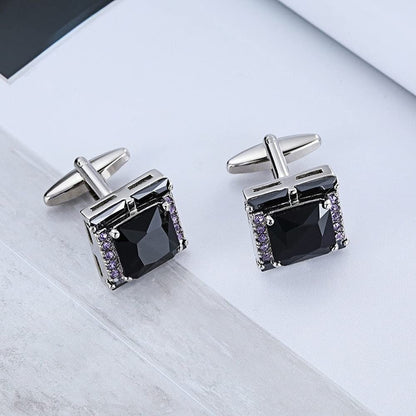 Rockyu メンズカフス ブラックオニキス風ストーンと紫ジルコニアの正方形カフリンクス