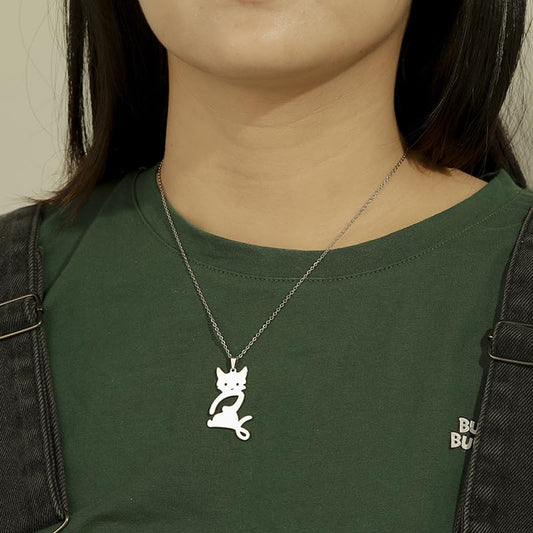 Rockyu 猫ネックレス レディース ステンレス製 シンプル 黒猫ペンダント 金属アレルギー対応