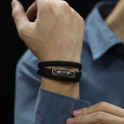 Rockyu メンズ ブレスレット スカル レザー ブラック 3連デザイン 翼モチーフ おしゃれ アクセサリー