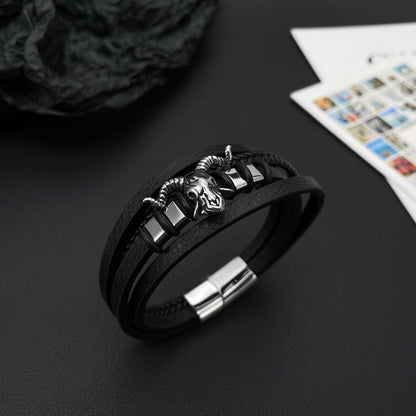 Rockyu メンズ 4連レザーブレスレット ブラック ヤギ頭モチーフ 編み込み お守り風 ステンレス 金属アレルギー対応