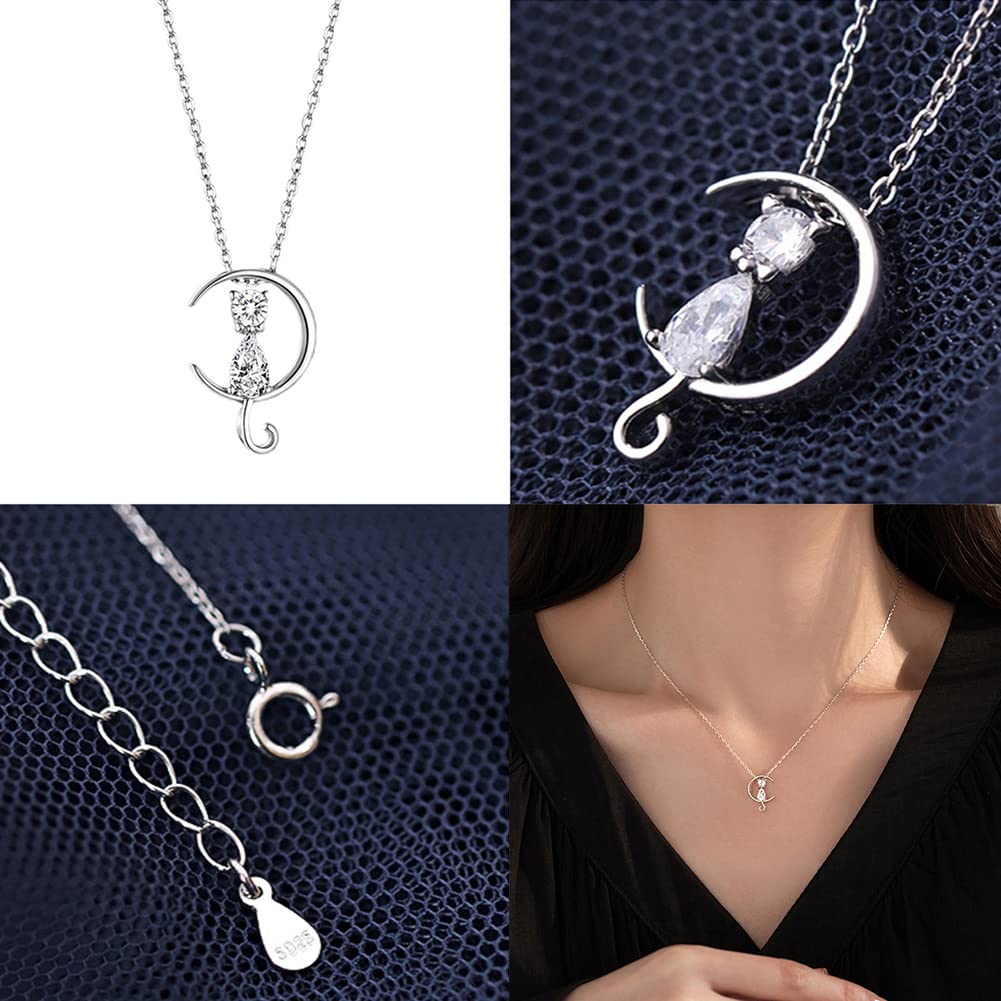Rockyu 猫と月 ネックレス レディース 925純銀 ペンダント シンプル可愛い ジルコニア