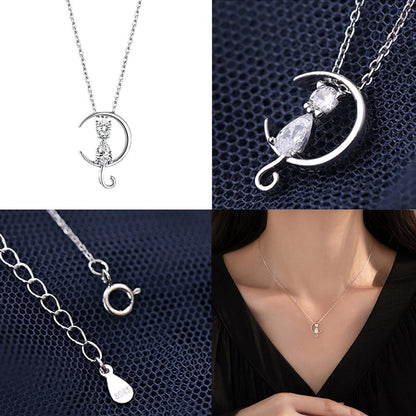 Rockyu 猫と月 ネックレス レディース 925純銀 ペンダント シンプル可愛い ジルコニア