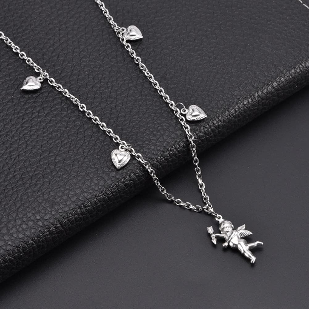 Rockyu ネックレス レディース シルバー キューピッド×ハートチャーム｜天使モチーフの可愛いチタンペンダント