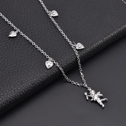 Rockyu ネックレス レディース シルバー キューピッド×ハートチャーム｜天使モチーフの可愛いチタンペンダント