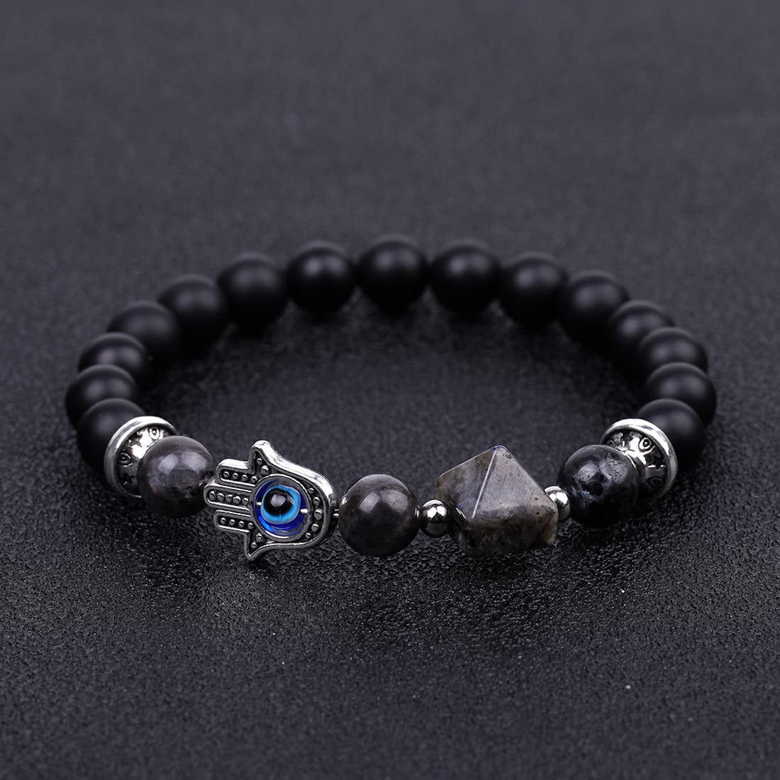 Rockyu ブレスレット レディース メンズ 天然石 ハムサの手 数珠 オニキス パワーストーン ビーズブレスレット 誕生日や記念日に