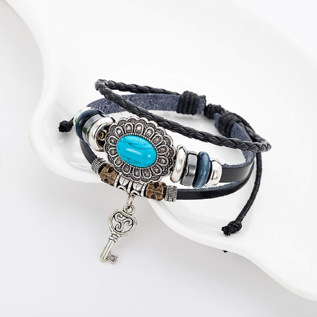 Rockyu ターコイズ キー チャーム付き レザーブレスレット メンズ レディース 調節可能