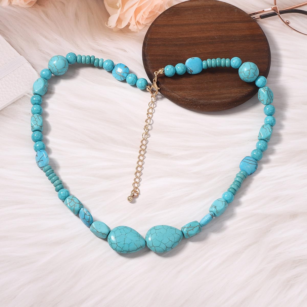 Rockyu ターコイズ天然石ネックレス レディース ビーズデザイン 調整可能 46cm+7cm