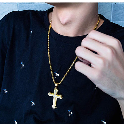 Rockyu 十字架ネックレス メンズ ステンレス製 ブラック クロスペンダント 大ぶり かっこいい