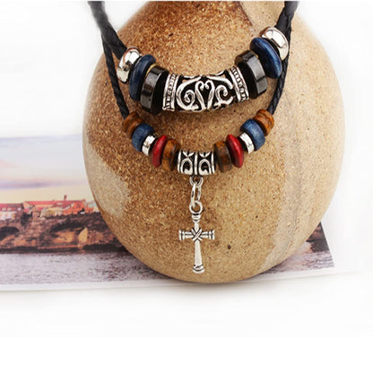 Rockyu ネックレス メンズ 十字架ペンダント レザー紐 民族風 編み込み 二連デザイン