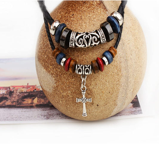 Rockyu ネックレス メンズ 十字架ペンダント レザー紐 民族風 編み込み 二連デザイン