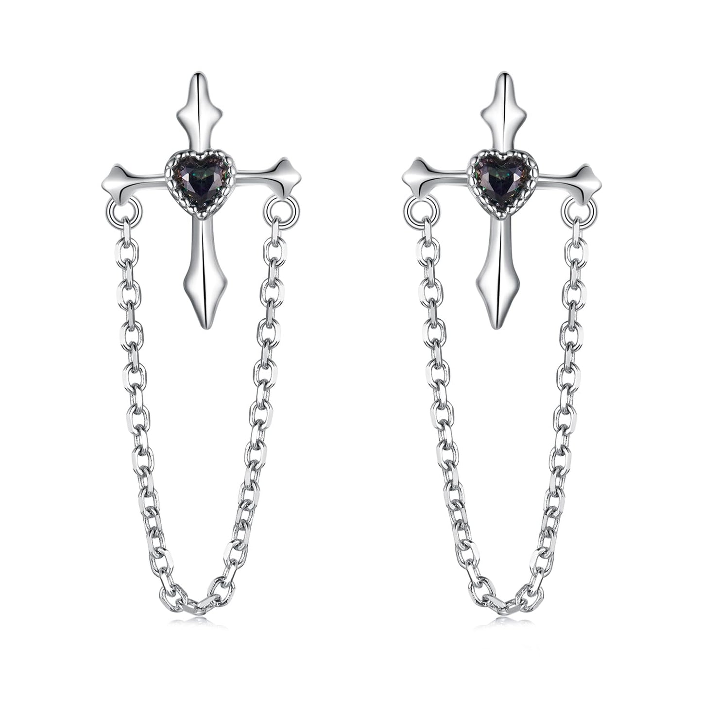 Rockyu ピアス レディース 925シルバー 十字架 チェーン 流蘇デザイン ハートモチーフ フープ 鏡面仕上げ