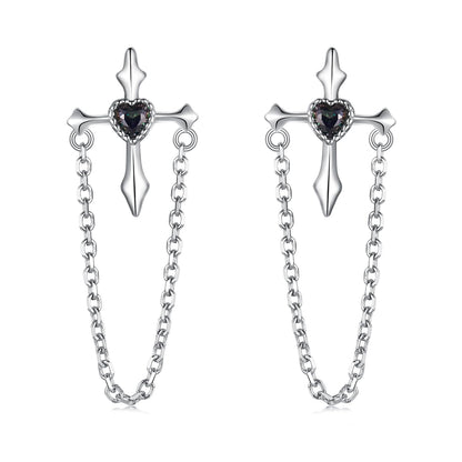 Rockyu ピアス レディース 925シルバー 十字架 チェーン 流蘇デザイン ハートモチーフ フープ 鏡面仕上げ