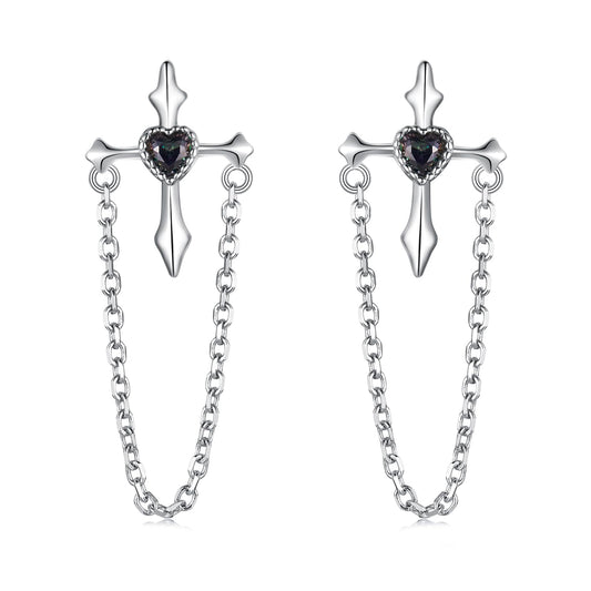 Rockyu ピアス レディース 925シルバー 十字架 チェーン 流蘇デザイン ハートモチーフ フープ 鏡面仕上げ