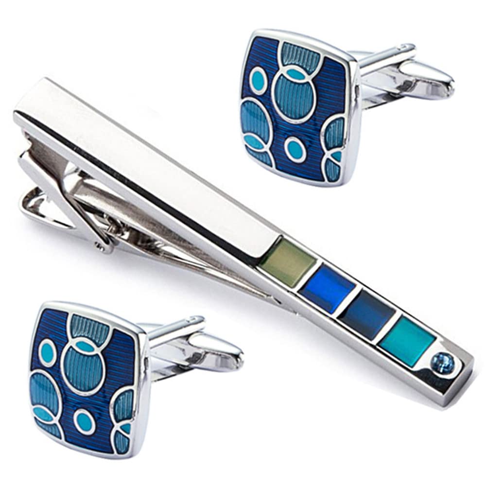 Rockyu ネクタイピン＆カフスセット メンズ シルバー ブルー幾何学模様 ビジネス・結婚式用 ギフト