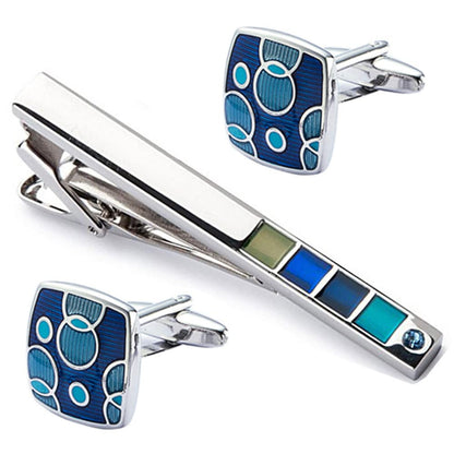 Rockyu ネクタイピン＆カフスセット メンズ シルバー ブルー幾何学模様 ビジネス・結婚式用 ギフト