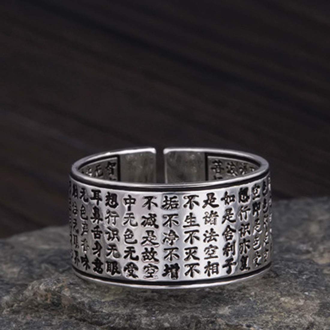 Rockyu 経文刻印リング メンズ レディース フリーサイズ 銅製シルバーメッキ指輪