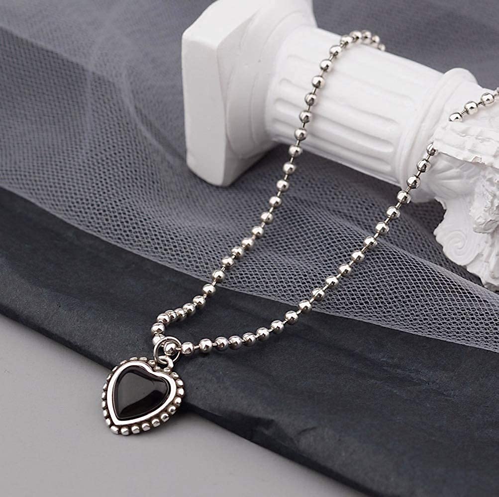 Rockyu ブラックハートネックレス＆ブレスレット レディース シルバー パール付きセット INS風