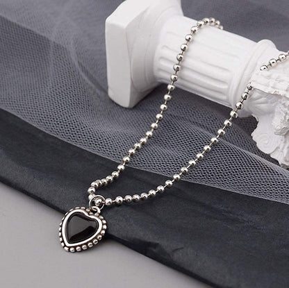 Rockyu ブラックハートネックレス＆ブレスレット レディース シルバー パール付きセット INS風