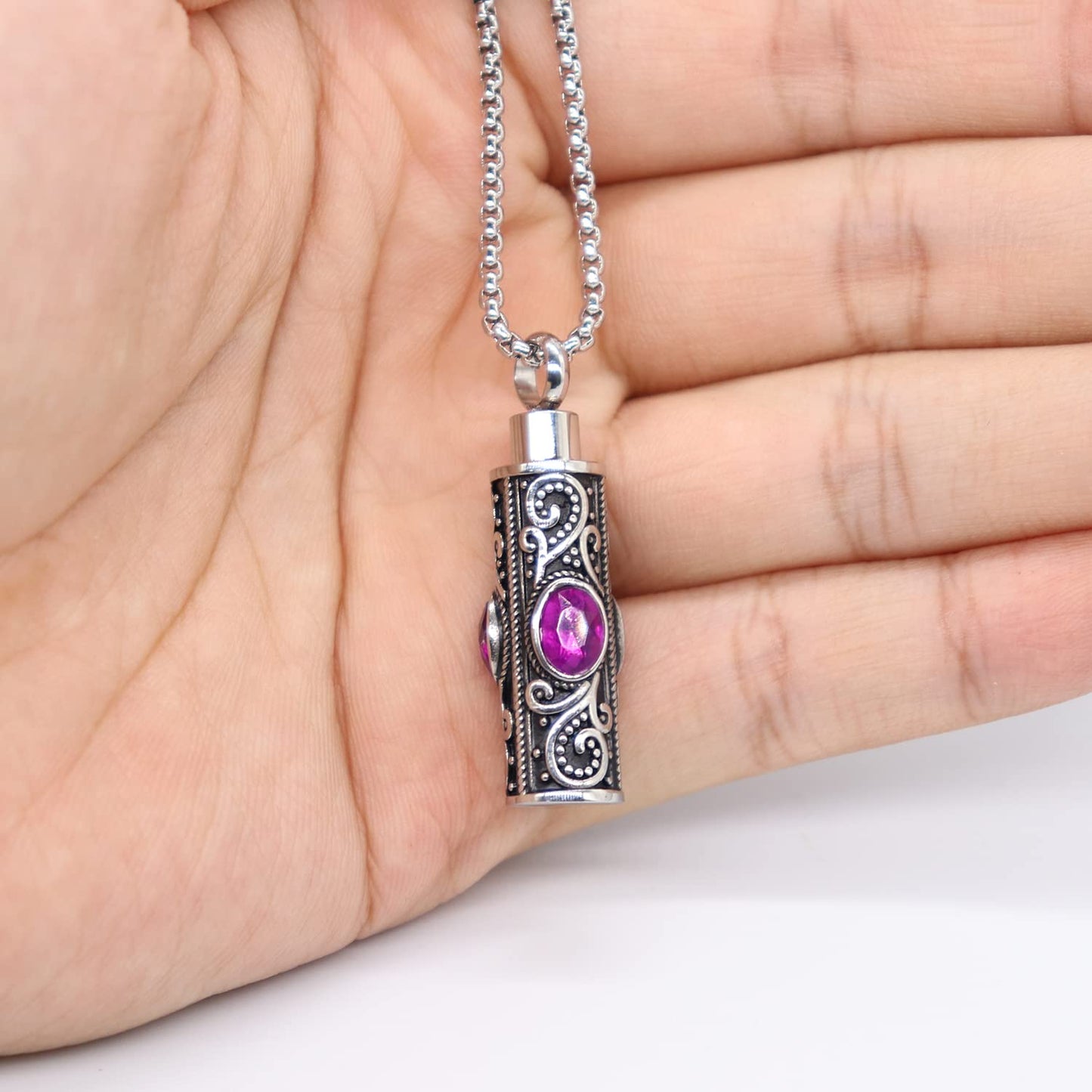 Rockyu ネックレス メンズ ステンレス シルバー 円柱 ジルコニア メモリアルペンダント 手元供養 遺骨ネックレス