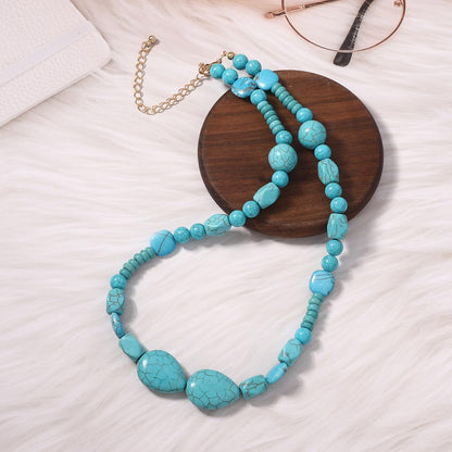 Rockyu ターコイズ天然石ネックレス レディース ビーズデザイン 調整可能 46cm+7cm