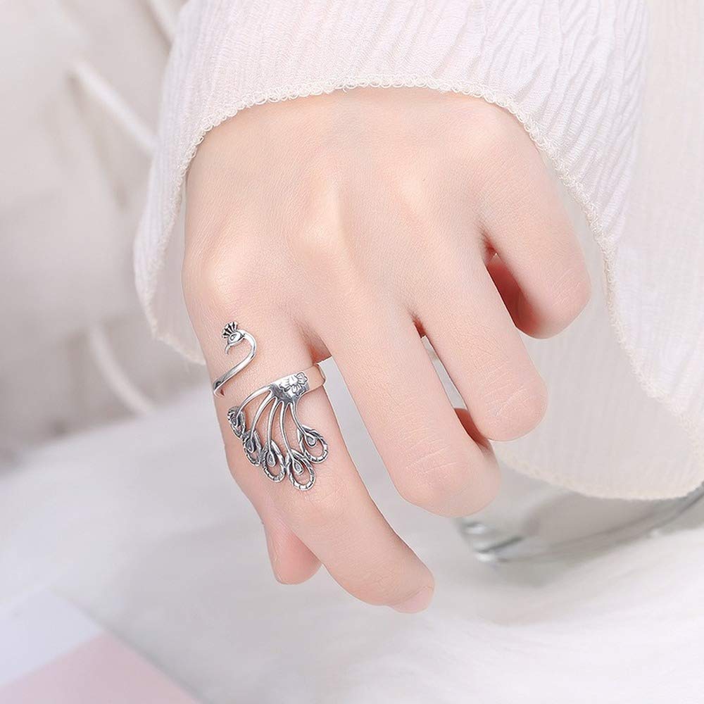 Rockyu 指輪 レディース フリーサイズ おしゃれ シルバー925 リング 可愛い 個性的 クジャク指輪物語 結婚指輪 婚約指輪 フリー サイズ調節可能 恋人 ファッション アクセサリー